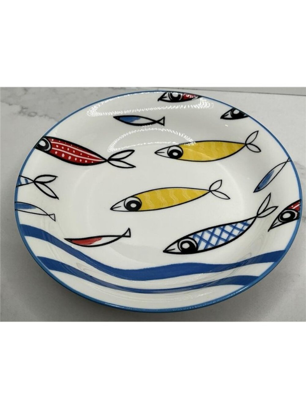 2 Signature Housewares Cat Bowl Fish School 6” Stoneware Blue Yellow Red New